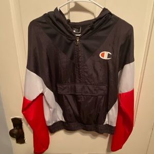 size small multi color red black and white wind breaker